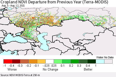 Russian Federation Cropland NDVI Departure from Previous Year (Terra-MODIS) Thematic Map For 8/5/2021 - 8/12/2021