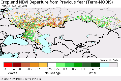 Russian Federation Cropland NDVI Departure from Previous Year (Terra-MODIS) Thematic Map For 8/13/2021 - 8/20/2021