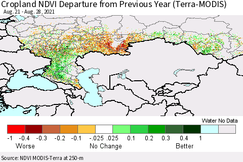 Russian Federation Cropland NDVI Departure from Previous Year (Terra-MODIS) Thematic Map For 8/21/2021 - 8/28/2021