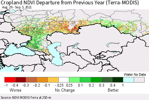 Russian Federation Cropland NDVI Departure from Previous Year (Terra-MODIS) Thematic Map For 8/29/2021 - 9/5/2021