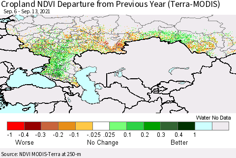 Russian Federation Cropland NDVI Departure from Previous Year (Terra-MODIS) Thematic Map For 9/6/2021 - 9/13/2021