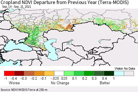 Russian Federation Cropland NDVI Departure from Previous Year (Terra-MODIS) Thematic Map For 9/14/2021 - 9/21/2021