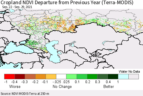Russian Federation Cropland NDVI Departure from Previous Year (Terra-MODIS) Thematic Map For 9/22/2021 - 9/29/2021