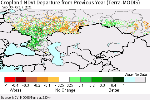 Russian Federation Cropland NDVI Departure from Previous Year (Terra-MODIS) Thematic Map For 9/30/2021 - 10/7/2021