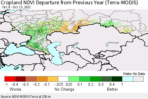 Russian Federation Cropland NDVI Departure from Previous Year (Terra-MODIS) Thematic Map For 10/8/2021 - 10/15/2021