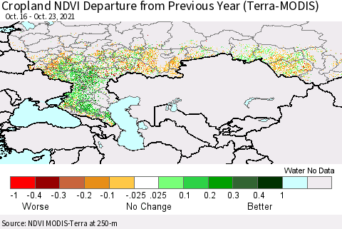 Russian Federation Cropland NDVI Departure from Previous Year (Terra-MODIS) Thematic Map For 10/16/2021 - 10/23/2021