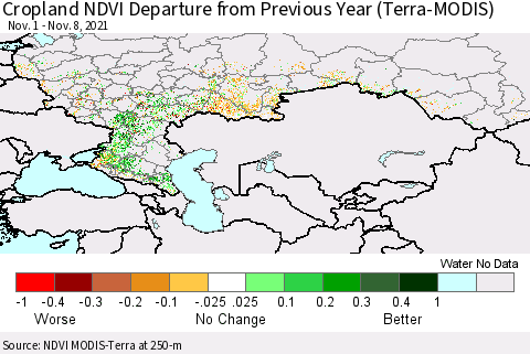 Russian Federation Cropland NDVI Departure from Previous Year (Terra-MODIS) Thematic Map For 11/1/2021 - 11/8/2021