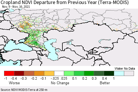 Russian Federation Cropland NDVI Departure from Previous Year (Terra-MODIS) Thematic Map For 11/9/2021 - 11/16/2021