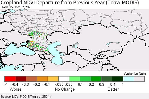 Russian Federation Cropland NDVI Departure from Previous Year (Terra-MODIS) Thematic Map For 11/25/2021 - 12/2/2021