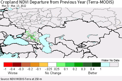 Russian Federation Cropland NDVI Departure from Previous Year (Terra-MODIS) Thematic Map For 3/6/2022 - 3/13/2022
