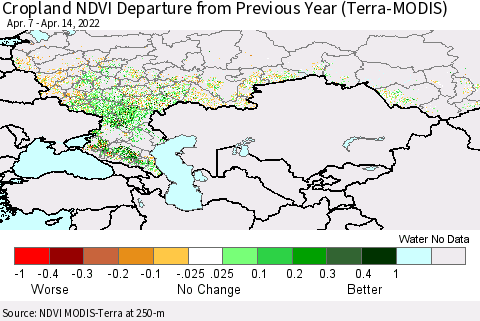 Russian Federation Cropland NDVI Departure from Previous Year (Terra-MODIS) Thematic Map For 4/7/2022 - 4/14/2022