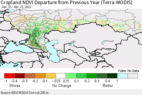 Russian Federation Cropland NDVI Departure from Previous Year (Terra-MODIS) Thematic Map For 4/15/2022 - 4/22/2022