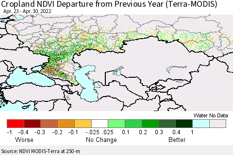 Russian Federation Cropland NDVI Departure from Previous Year (Terra-MODIS) Thematic Map For 4/23/2022 - 4/30/2022