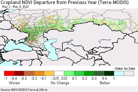 Russian Federation Cropland NDVI Departure from Previous Year (Terra-MODIS) Thematic Map For 5/1/2022 - 5/8/2022