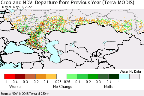 Russian Federation Cropland NDVI Departure from Previous Year (Terra-MODIS) Thematic Map For 5/9/2022 - 5/16/2022