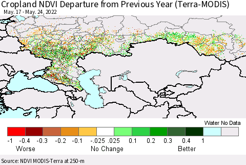 Russian Federation Cropland NDVI Departure from Previous Year (Terra-MODIS) Thematic Map For 5/17/2022 - 5/24/2022