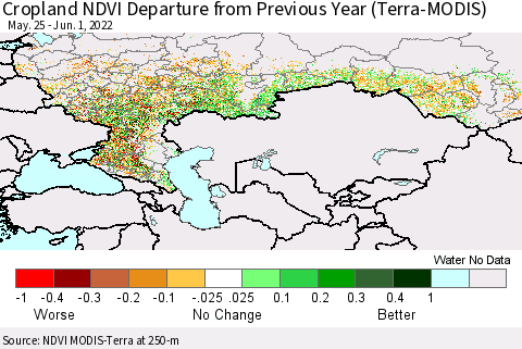 Russian Federation Cropland NDVI Departure from Previous Year (Terra-MODIS) Thematic Map For 5/25/2022 - 6/1/2022