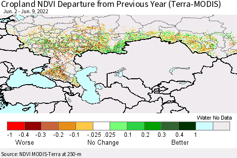 Russian Federation Cropland NDVI Departure from Previous Year (Terra-MODIS) Thematic Map For 6/2/2022 - 6/9/2022