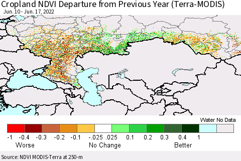 Russian Federation Cropland NDVI Departure from Previous Year (Terra-MODIS) Thematic Map For 6/10/2022 - 6/17/2022