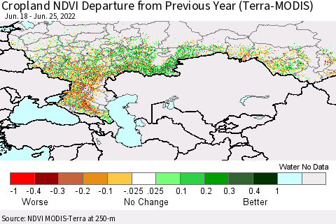 Russian Federation Cropland NDVI Departure from Previous Year (Terra-MODIS) Thematic Map For 6/18/2022 - 6/25/2022
