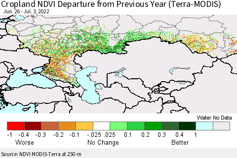 Russian Federation Cropland NDVI Departure from Previous Year (Terra-MODIS) Thematic Map For 6/26/2022 - 7/3/2022