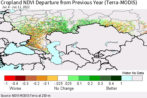 Russian Federation Cropland NDVI Departure from Previous Year (Terra-MODIS) Thematic Map For 7/4/2022 - 7/11/2022