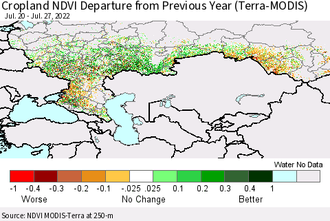 Russian Federation Cropland NDVI Departure from Previous Year (Terra-MODIS) Thematic Map For 7/20/2022 - 7/27/2022