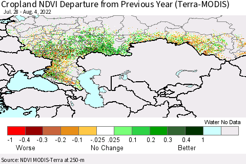 Russian Federation Cropland NDVI Departure from Previous Year (Terra-MODIS) Thematic Map For 7/28/2022 - 8/4/2022