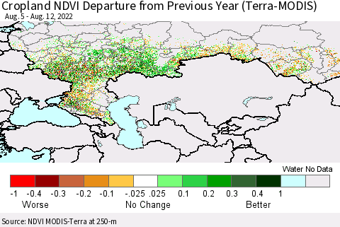 Russian Federation Cropland NDVI Departure from Previous Year (Terra-MODIS) Thematic Map For 8/5/2022 - 8/12/2022