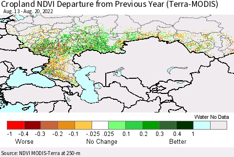 Russian Federation Cropland NDVI Departure from Previous Year (Terra-MODIS) Thematic Map For 8/13/2022 - 8/20/2022