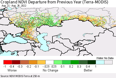 Russian Federation Cropland NDVI Departure from Previous Year (Terra-MODIS) Thematic Map For 8/21/2022 - 8/28/2022