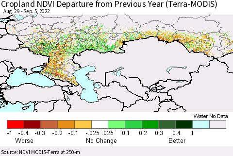 Russian Federation Cropland NDVI Departure from Previous Year (Terra-MODIS) Thematic Map For 8/29/2022 - 9/5/2022