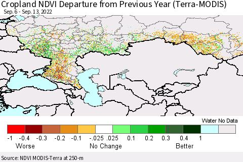Russian Federation Cropland NDVI Departure from Previous Year (Terra-MODIS) Thematic Map For 9/6/2022 - 9/13/2022
