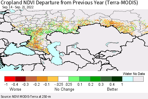 Russian Federation Cropland NDVI Departure from Previous Year (Terra-MODIS) Thematic Map For 9/14/2022 - 9/21/2022