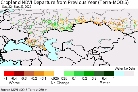 Russian Federation Cropland NDVI Departure from Previous Year (Terra-MODIS) Thematic Map For 9/22/2022 - 9/29/2022