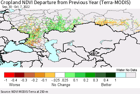 Russian Federation Cropland NDVI Departure from Previous Year (Terra-MODIS) Thematic Map For 9/30/2022 - 10/7/2022