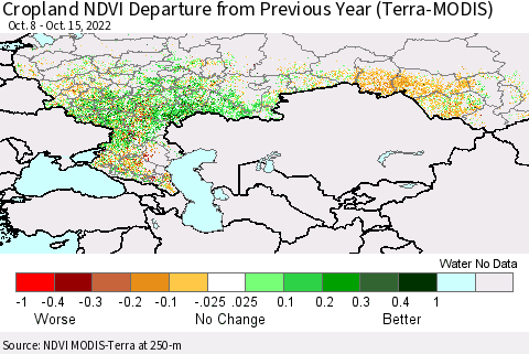 Russian Federation Cropland NDVI Departure from Previous Year (Terra-MODIS) Thematic Map For 10/8/2022 - 10/15/2022