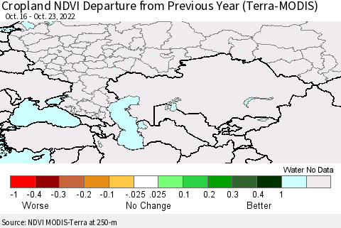 Russian Federation Cropland NDVI Departure from Previous Year (Terra-MODIS) Thematic Map For 10/16/2022 - 10/23/2022