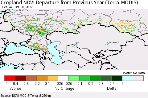 Russian Federation Cropland NDVI Departure from Previous Year (Terra-MODIS) Thematic Map For 10/24/2022 - 10/31/2022