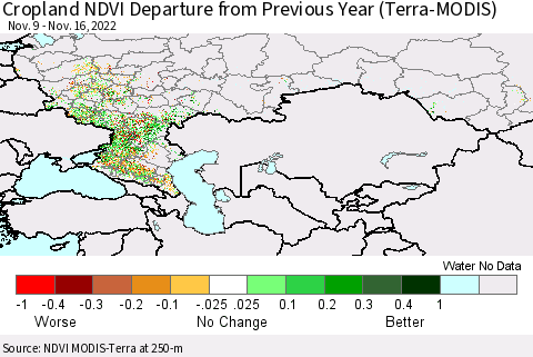 Russian Federation Cropland NDVI Departure from Previous Year (Terra-MODIS) Thematic Map For 11/9/2022 - 11/16/2022