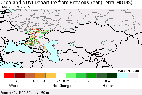 Russian Federation Cropland NDVI Departure from Previous Year (Terra-MODIS) Thematic Map For 11/25/2022 - 12/2/2022