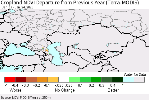 Russian Federation Cropland NDVI Departure from Previous Year (Terra-MODIS) Thematic Map For 1/17/2023 - 1/24/2023