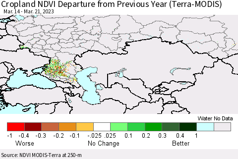 Russian Federation Cropland NDVI Departure from Previous Year (Terra-MODIS) Thematic Map For 3/14/2023 - 3/21/2023