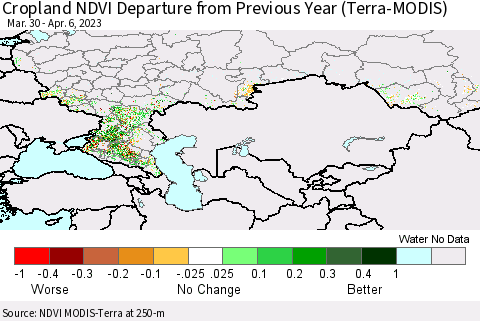 Russian Federation Cropland NDVI Departure from Previous Year (Terra-MODIS) Thematic Map For 3/30/2023 - 4/6/2023