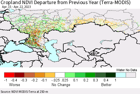 Russian Federation Cropland NDVI Departure from Previous Year (Terra-MODIS) Thematic Map For 4/15/2023 - 4/22/2023