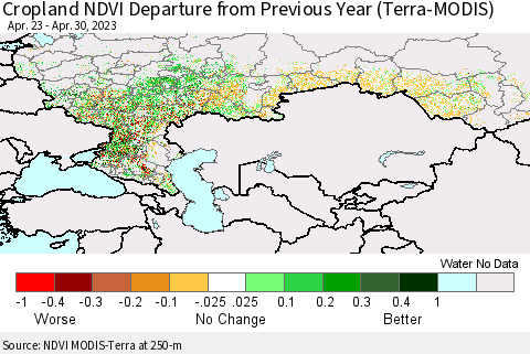 Russian Federation Cropland NDVI Departure from Previous Year (Terra-MODIS) Thematic Map For 4/23/2023 - 4/30/2023