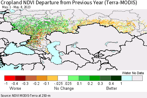 Russian Federation Cropland NDVI Departure from Previous Year (Terra-MODIS) Thematic Map For 5/1/2023 - 5/8/2023