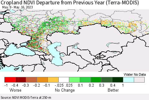 Russian Federation Cropland NDVI Departure from Previous Year (Terra-MODIS) Thematic Map For 5/9/2023 - 5/16/2023