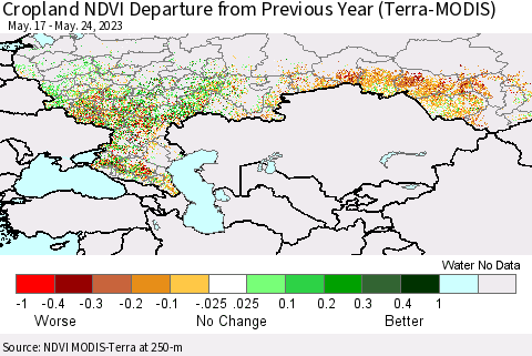 Russian Federation Cropland NDVI Departure from Previous Year (Terra-MODIS) Thematic Map For 5/17/2023 - 5/24/2023