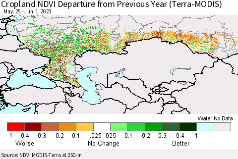 Russian Federation Cropland NDVI Departure from Previous Year (Terra-MODIS) Thematic Map For 5/25/2023 - 6/1/2023